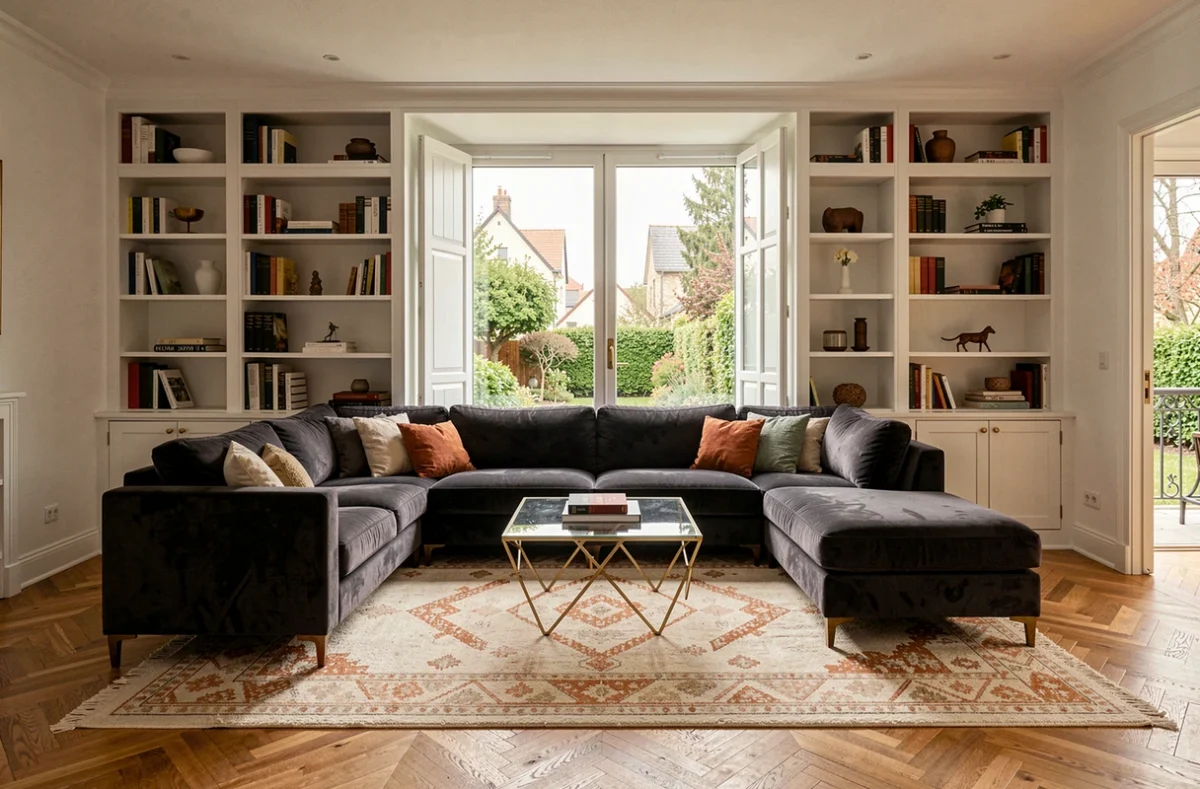 Salon résidentiel haut de gamme réaménagé par l'agence Antae, avec bibliothèque sur mesure en laque blanche, canapé en velours et parquet chêne dans le Val-d'Oise
