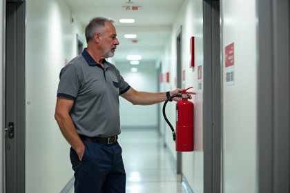 Superviseur en bâtiment montrant l'extincteur rouge dans un couloir moderne