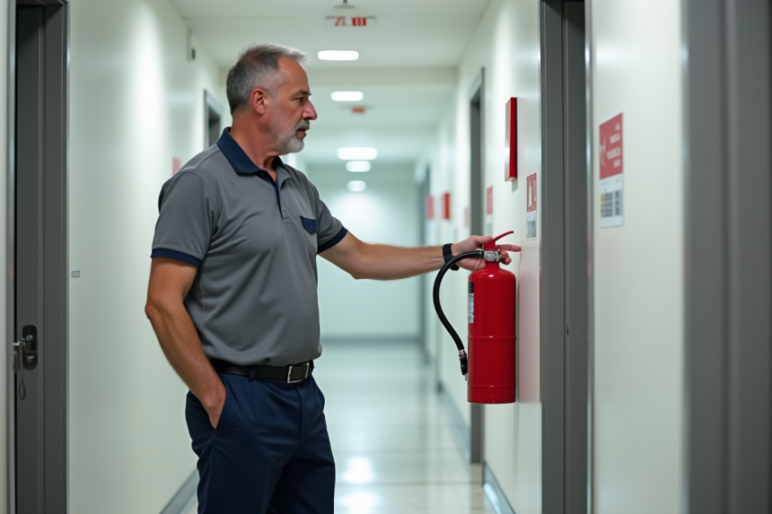 Superviseur en bâtiment montrant l'extincteur rouge dans un couloir moderne