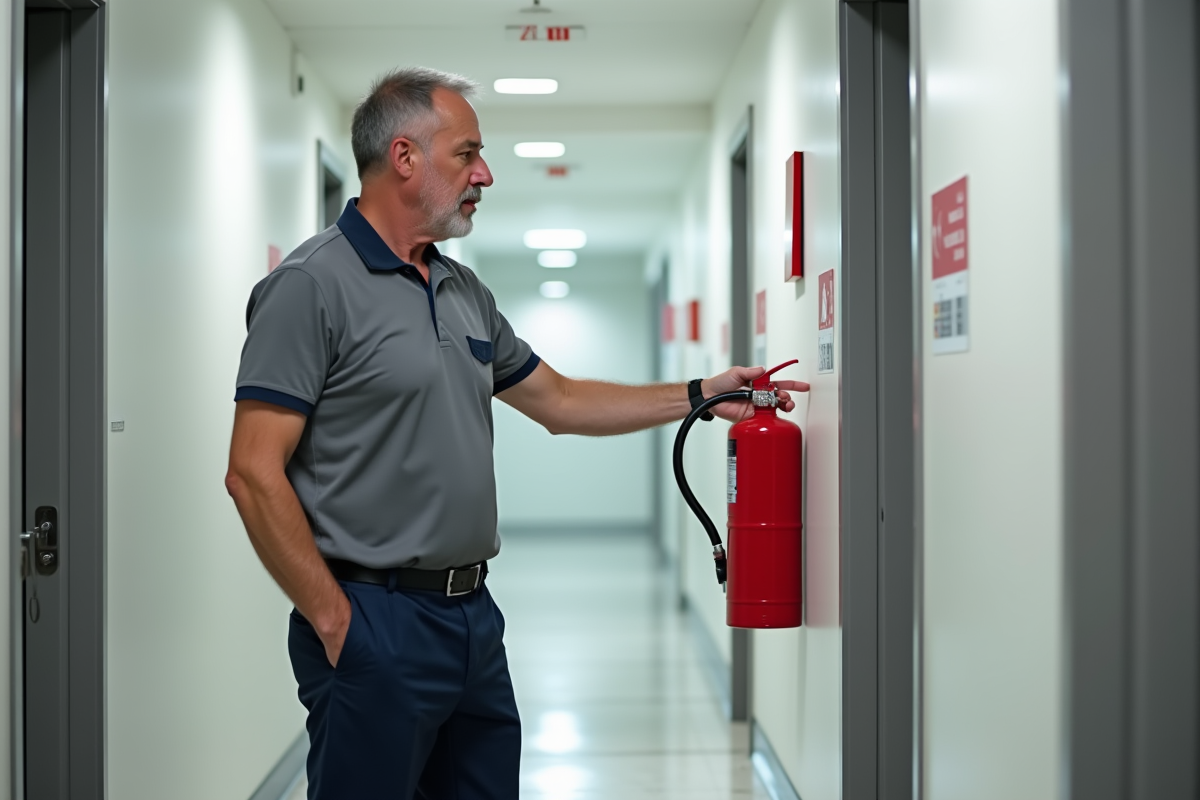 Superviseur en bâtiment montrant l'extincteur rouge dans un couloir moderne