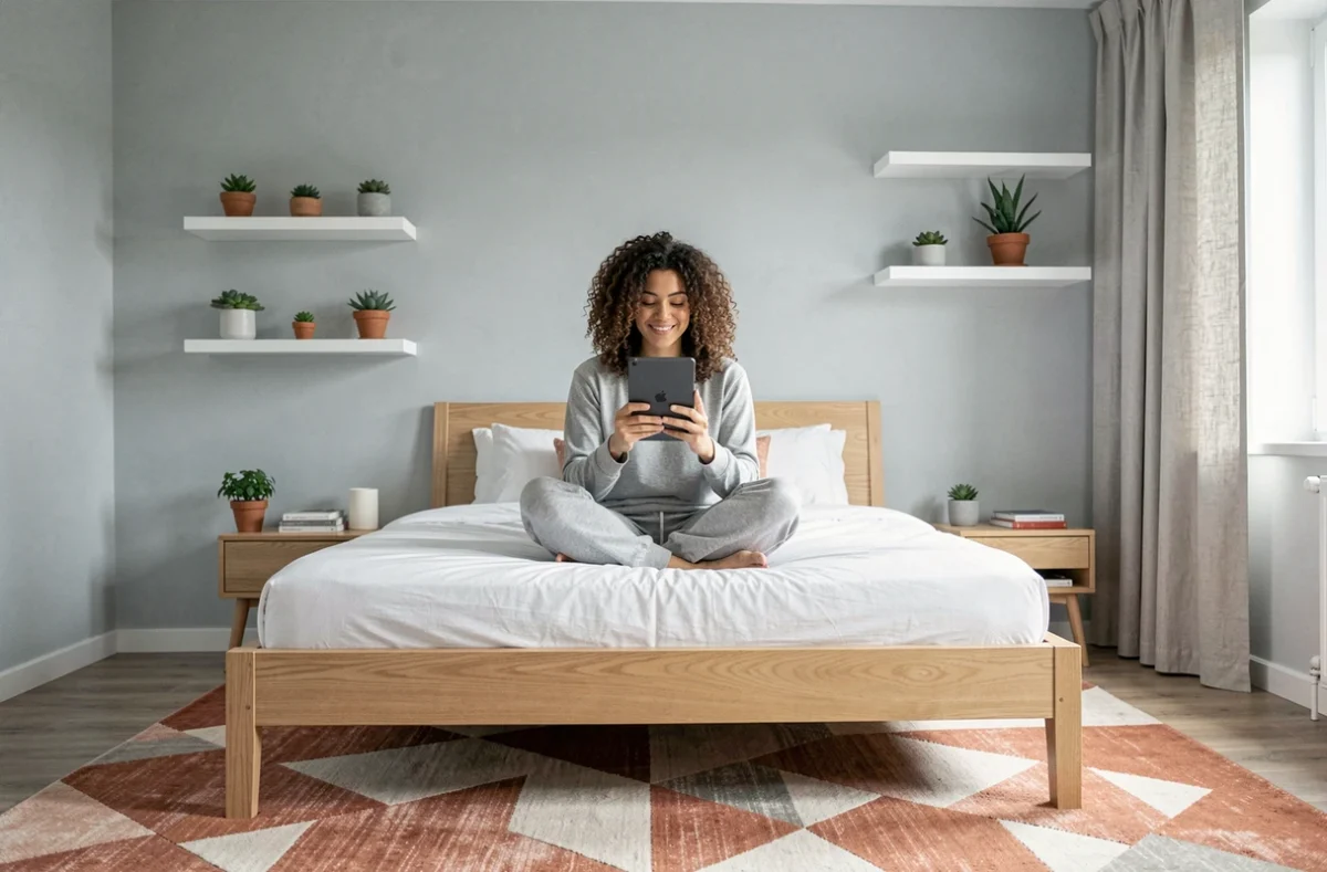 Jeune femme consultant une application feng shui moderne sur tablette pour optimiser l'orientation de son lit dans une chambre scandinave contemporaine