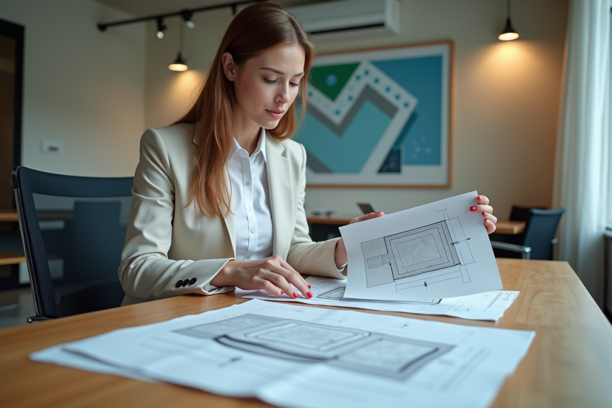 Jeune architecte montrant des plans de piscine en intérieur