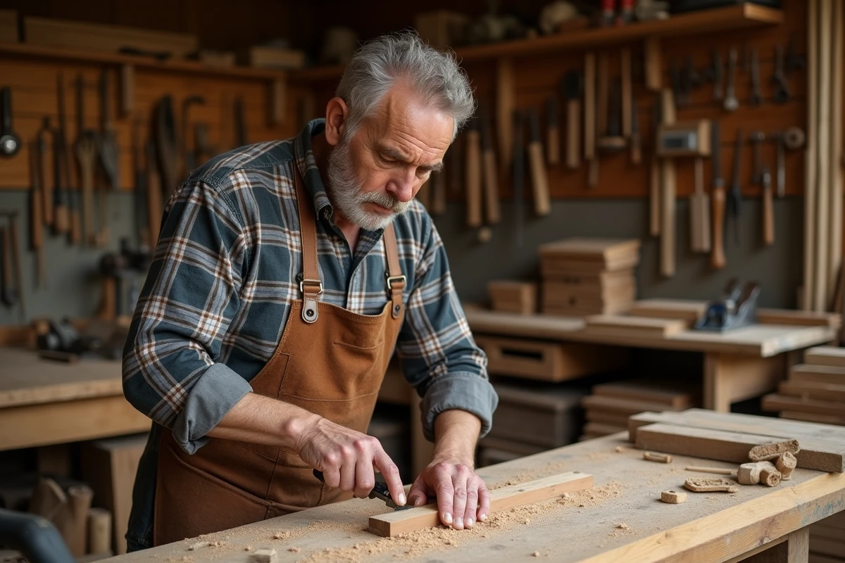 Artisan menuisier local façonnant une pièce en chêne dans son atelier traditionnel avec des outils à main