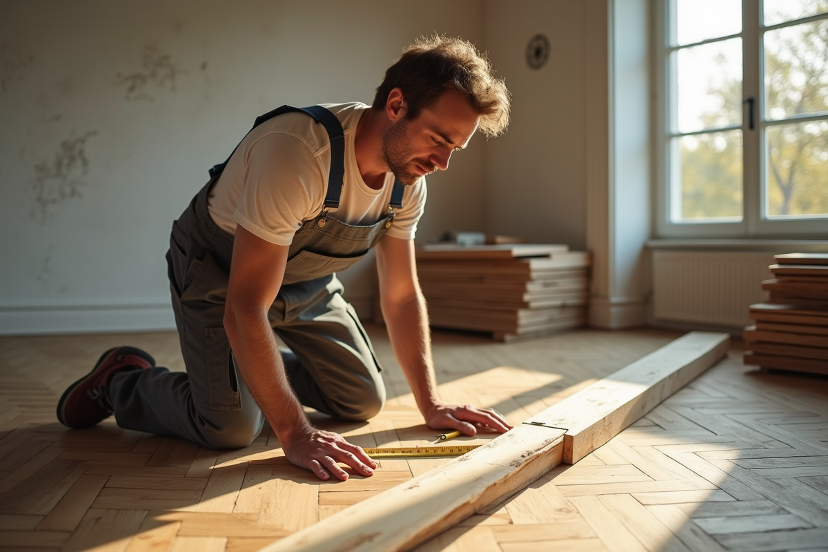 Homme en overalls mesurant un parquet ancien