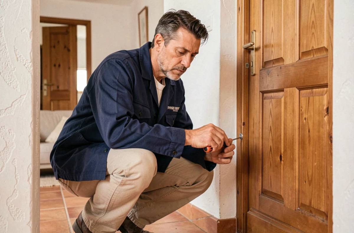 Artisan en train de réparer une charnière de porte dans un appartement de Montpellier, petits travaux rapides et sans tracas