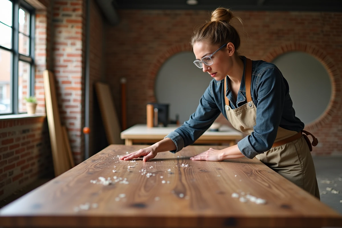 Artisane locale inspectant la finition d'une table en noyer dans un atelier de menuiserie artisanale