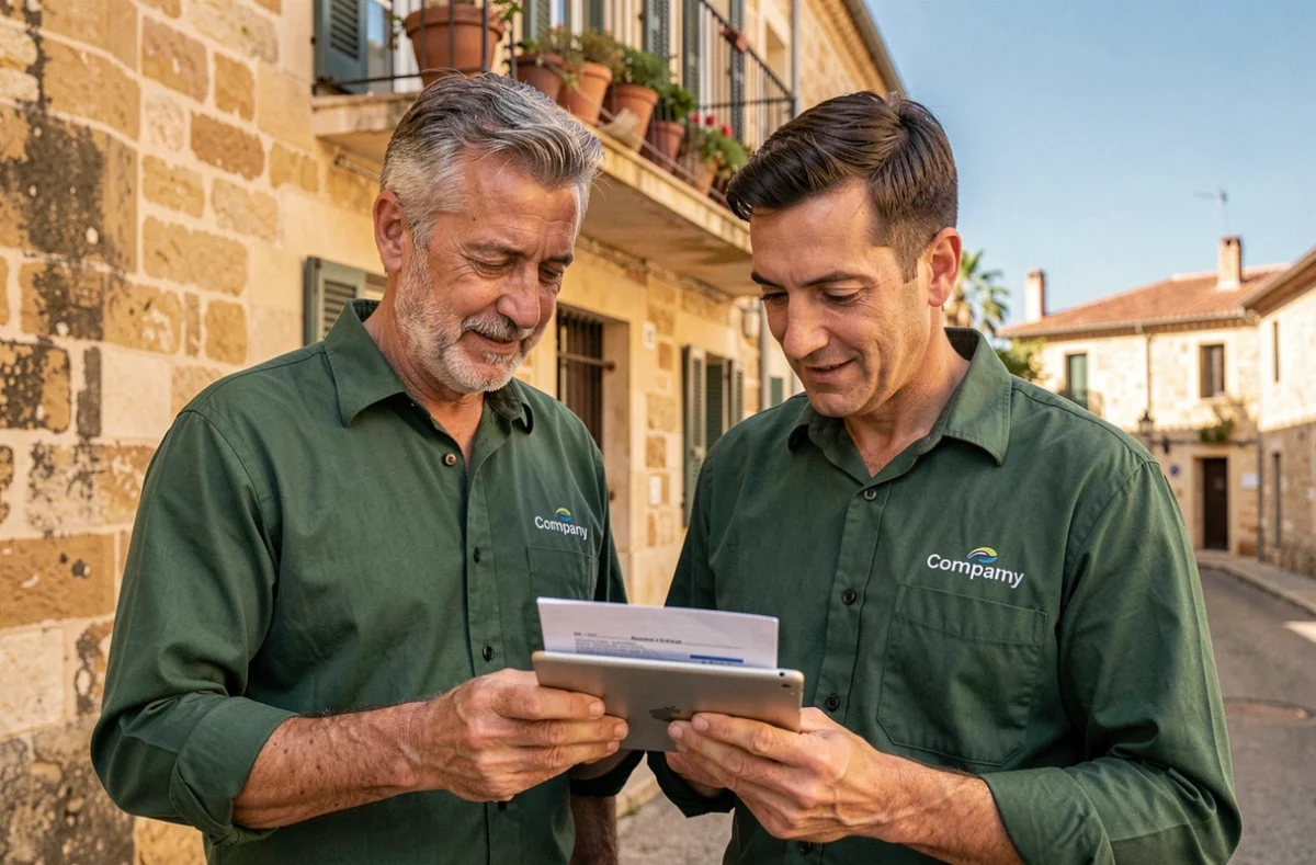 Deux artisans consultant un bon de travaux devant un immeuble en pierre à Montpellier, service d'artisanat local et de confiance