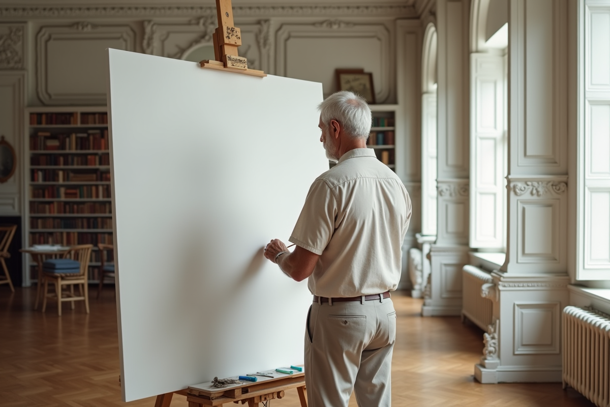 Artiste âgé peignant dans un appartement parisien élégant