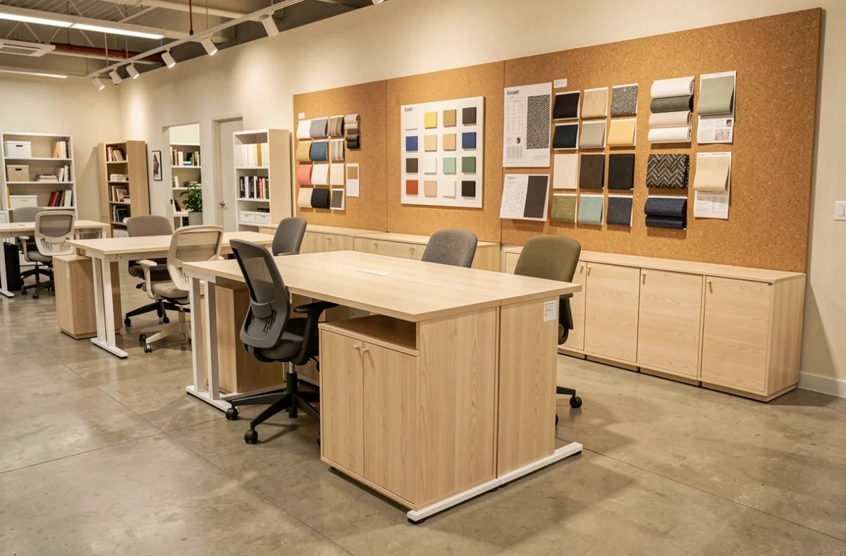 Showroom de mobilier de bureau avec bureaux réglables en chêne blanc, sièges ergonomiques et mur de matériaux d'échantillons, espace Autour du Bureau dans le Val-d'Oise
