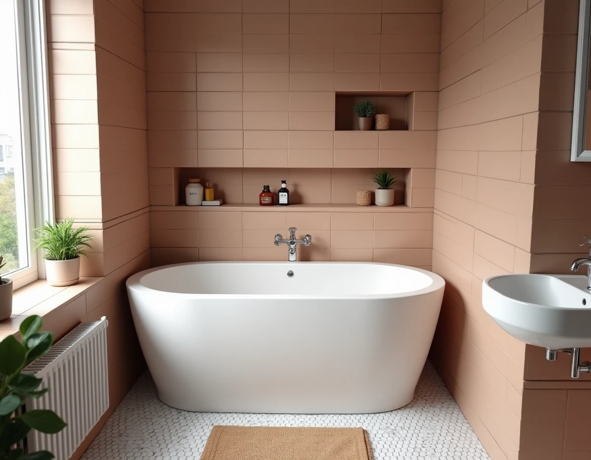 Petite salle de bain optimisée avec baignoire d'angle de 150 cm en carrelage terracotta et rangements muraux