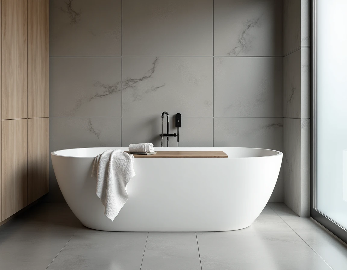 Baignoire autoportante blanche de longueur standard dans une salle de bain minimaliste avec carrelage en pierre grise
