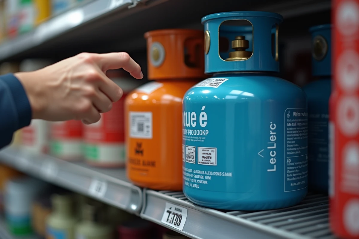 Gros plan sur deux bouteilles de gaz Leclerc avec étiquette de consigne et de recharge sur un rayon de magasin