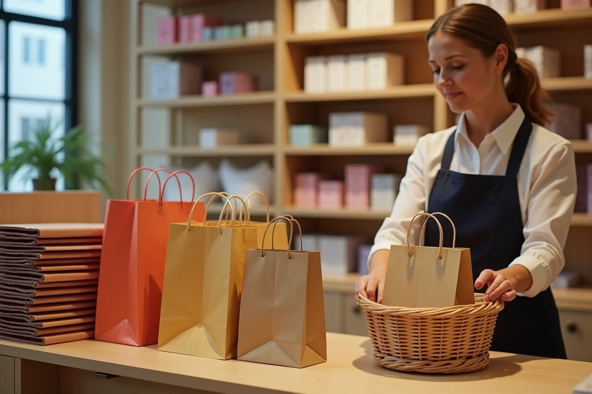 Boutique de papeterie présentant un assortiment de pochettes cadeaux en papier de différents formats sur des étagères en bois