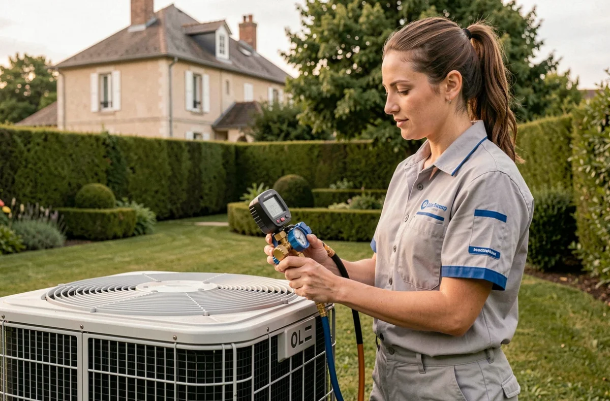 Technicienne de BP Clim effectuant une vérification de maintenance sur une unité de climatisation extérieure dans une maison de banlieue bordelaise