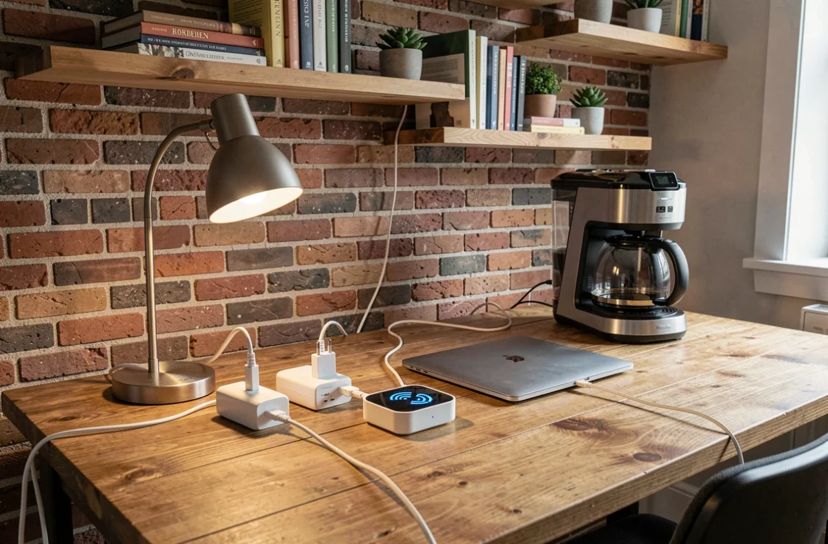 Bureau à domicile avec plusieurs prises connectées alimentant une lampe, un chargeur d'ordinateur et une cafetière, mur en briques apparentes en arrière-plan