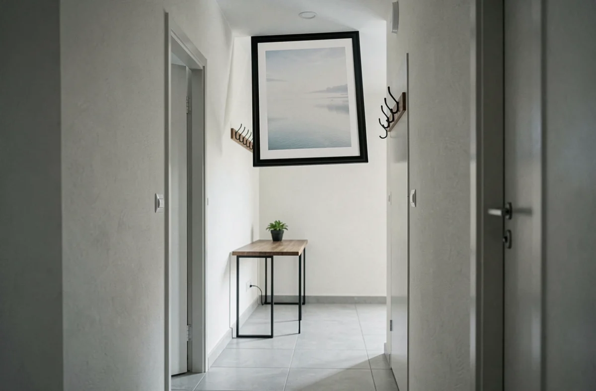 Couloir avec un grand cadre mal positionné trop haut sur un mur clair, exemple d'erreur de décoration dans un espace étroit