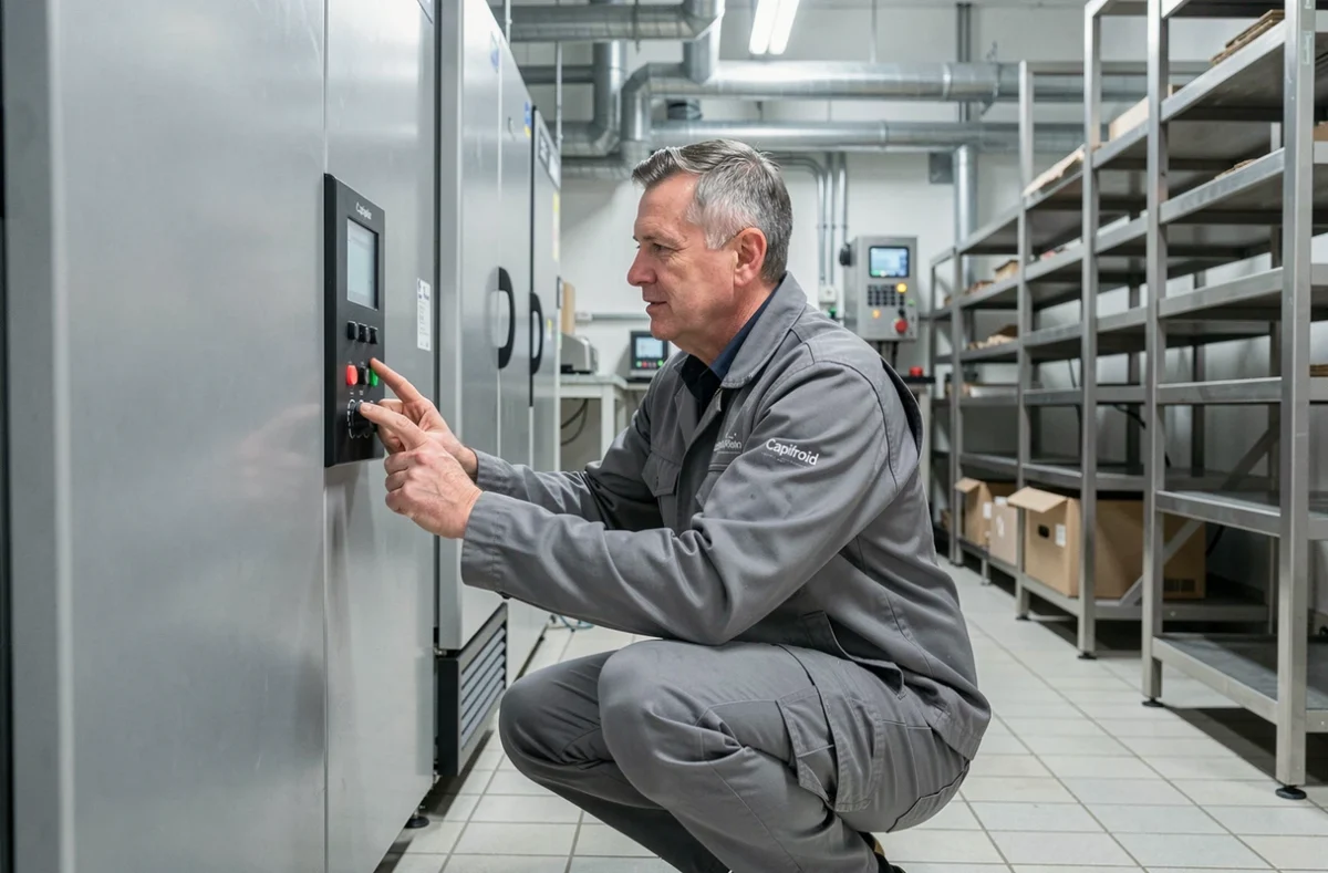 Technicien Capifroid travaillant sur un système de froid commercial dans un établissement à Calais