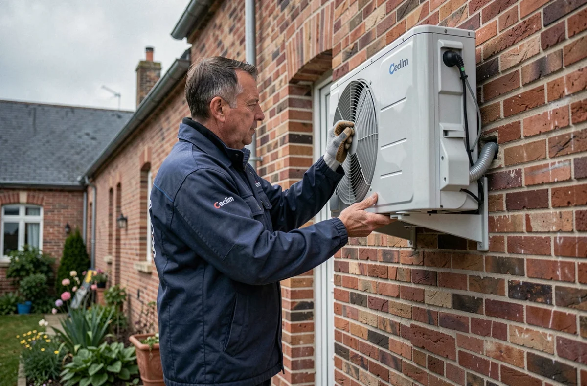 Technicien Ceclim inspectant une unité de climatisation sur une maison en briques du Pas-de-Calais