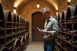 Homme vérifiant un hygromètre dans un cave à vin en pierre