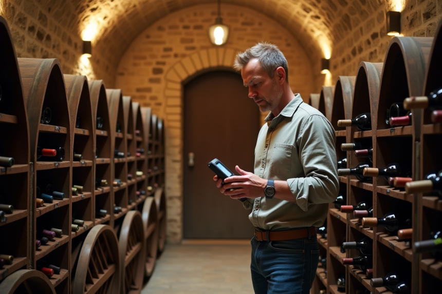 Homme vérifiant un hygromètre dans un cave à vin en pierre