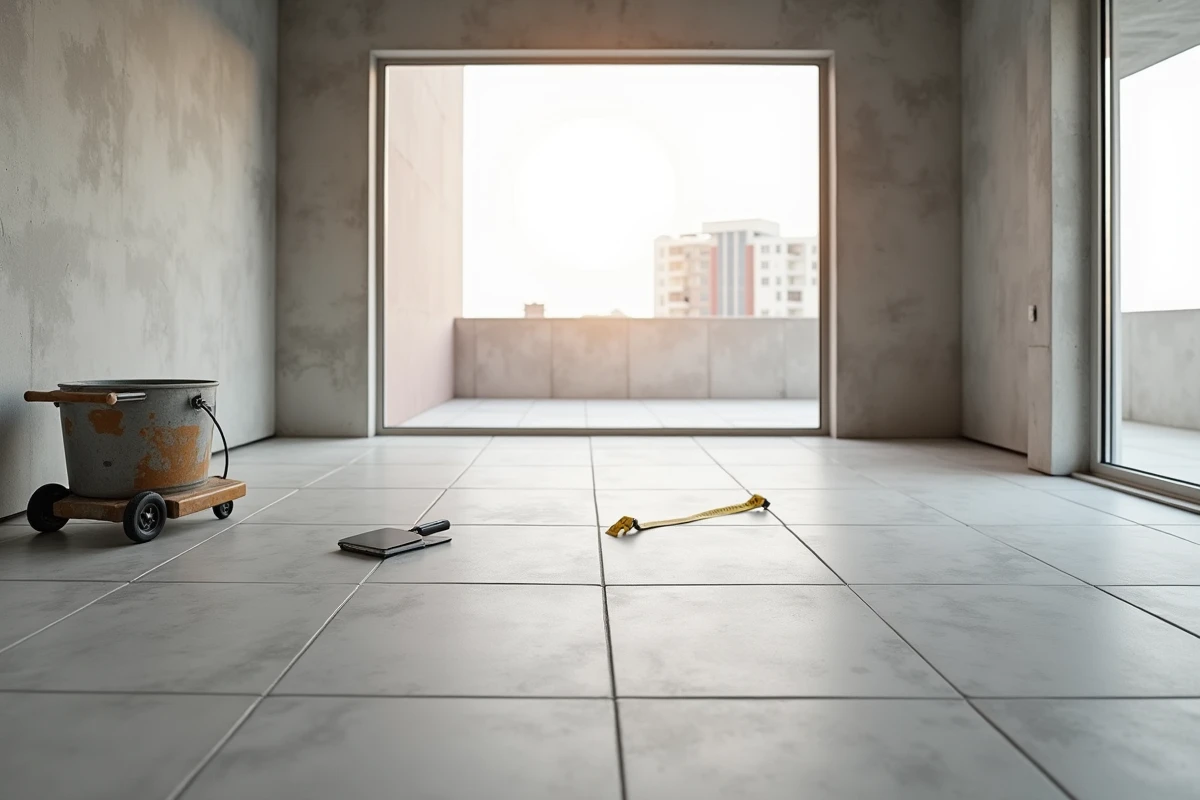 Chantier de pose de carrelage grand format en cours dans un appartement en rénovation avec matériel de carreleur