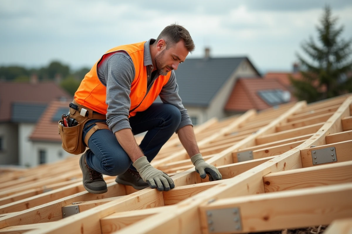 Charpentier professionnel inspectant la structure en bois d'une toiture de maison individuelle en cours de construction