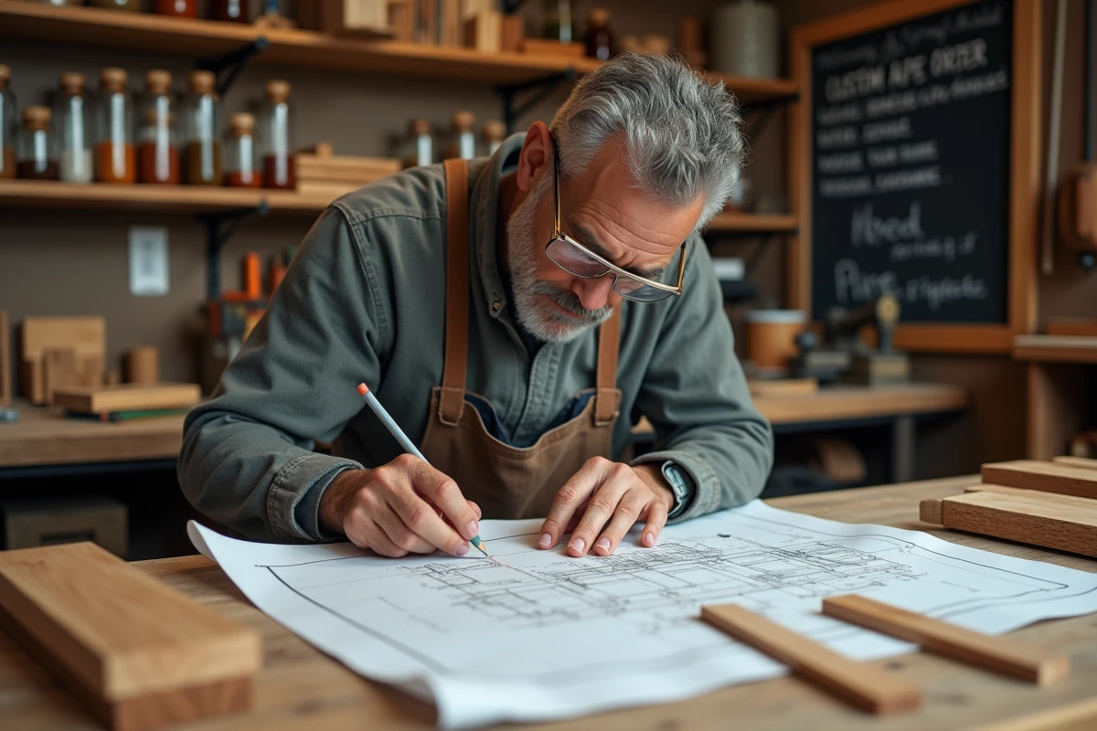 Charpentier local étudiant des plans techniques avec des échantillons de bois de pin dans son atelier de proximité