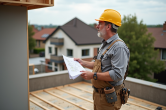 Homme d age moyen sur le toit d une maison en renovation