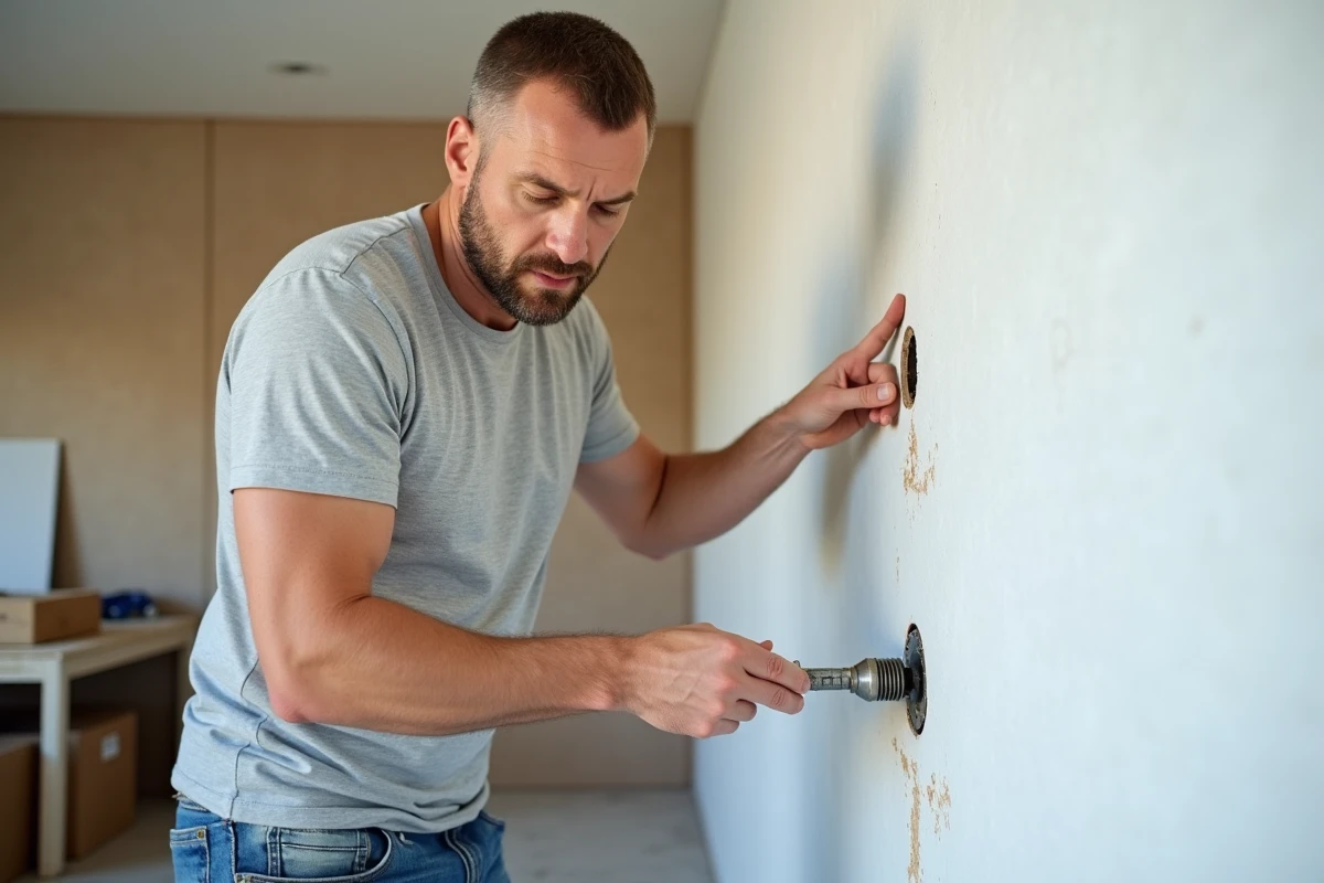 Homme insérant une cheville adaptée dans une cloison en placo lors de travaux d'installation murale dans un salon en rénovation