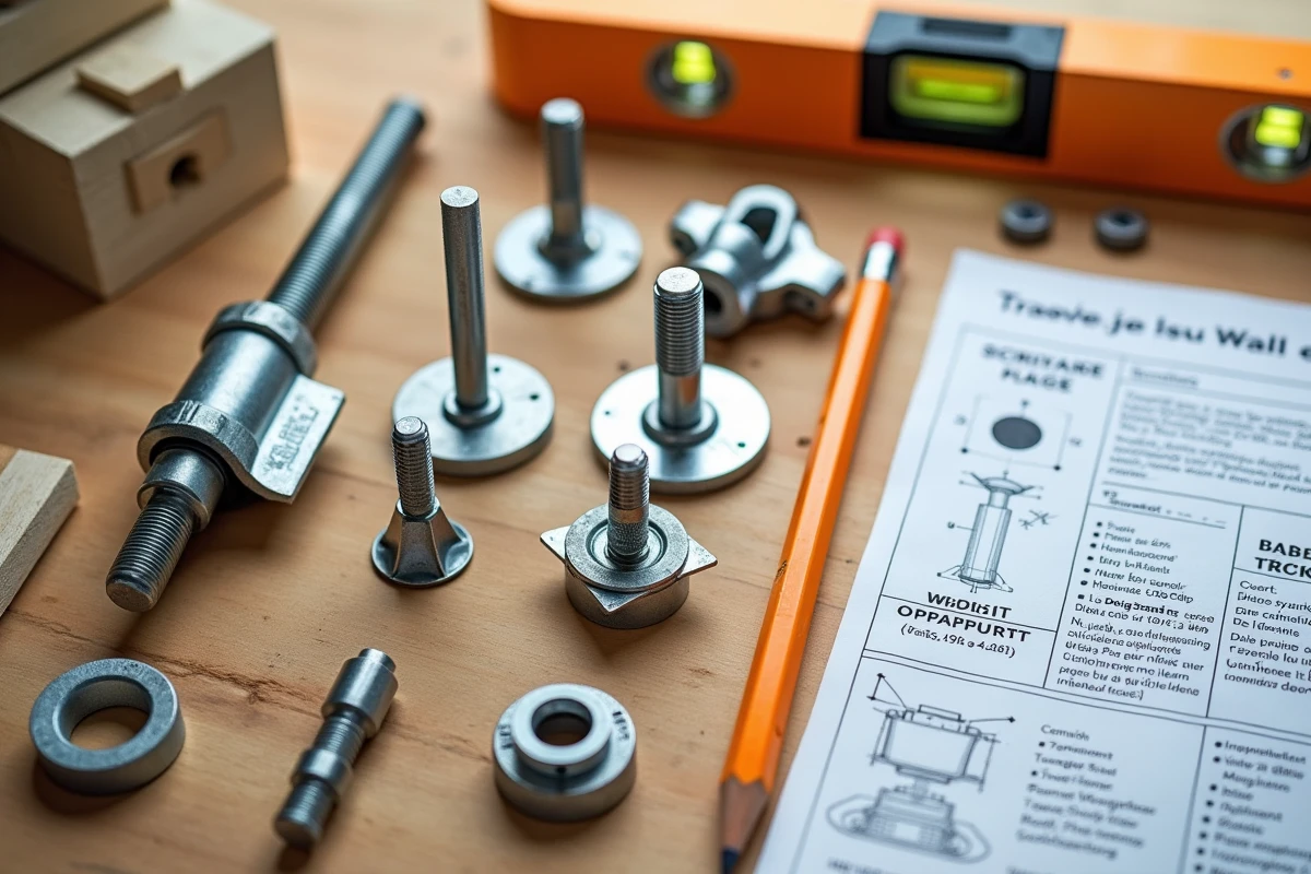 Vue à plat des chevilles spéciales placo, boulons à bascule et outils nécessaires pour fixer un téléviseur en respectant le poids maximum