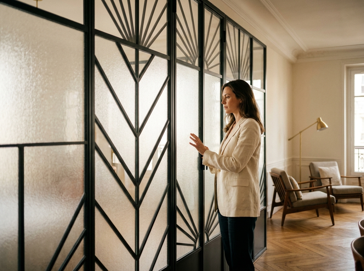 Femme examinant une cloison intérieure en verre art déco avec motifs chevrons et soleil dans un appartement parisien contemporain