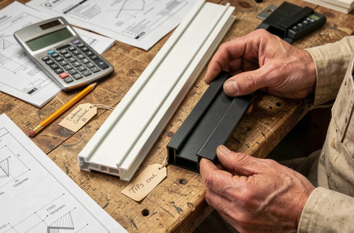 Comparaison de profils de véranda sur-mesure en aluminium et PVC posés sur un établi avec documents de devis