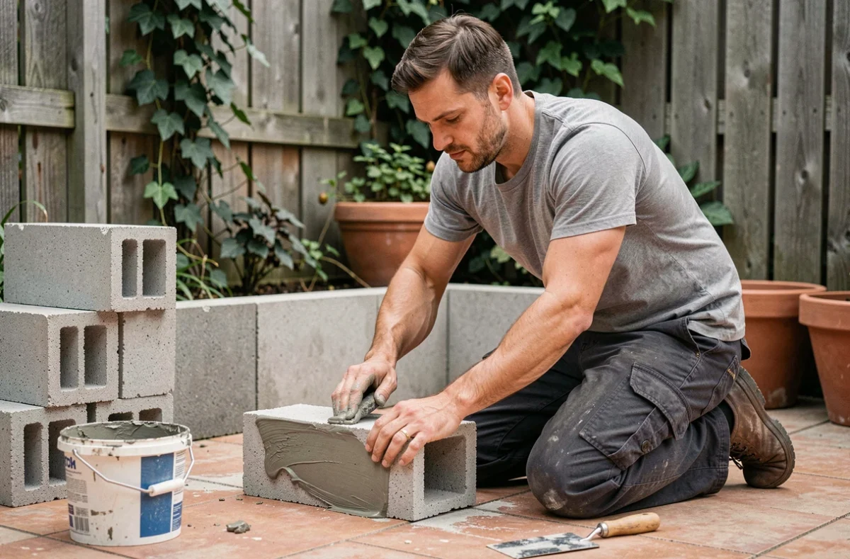 Homme assemblant des blocs de béton cellulaire pour fabriquer un banc jardinière dans un jardin urbain