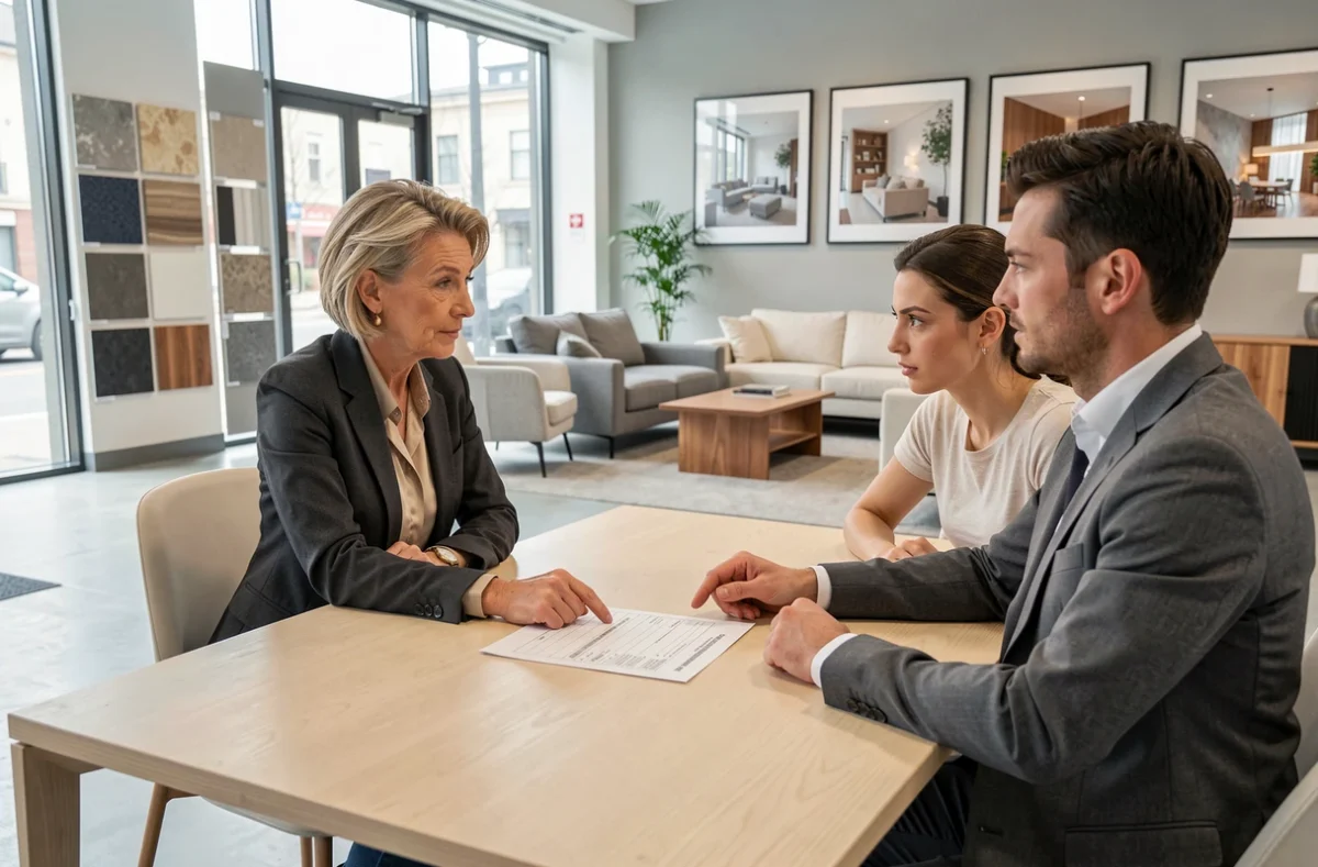 Consultante en décoration intérieure expliquant une ventilation de coûts détaillée à un couple de clients dans un showroom de design minimaliste