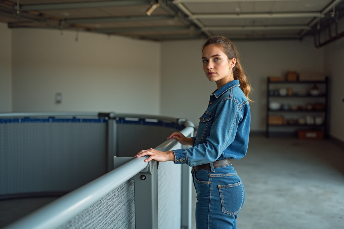Jeune femme vérifiant une structure de piscine dans un garage
