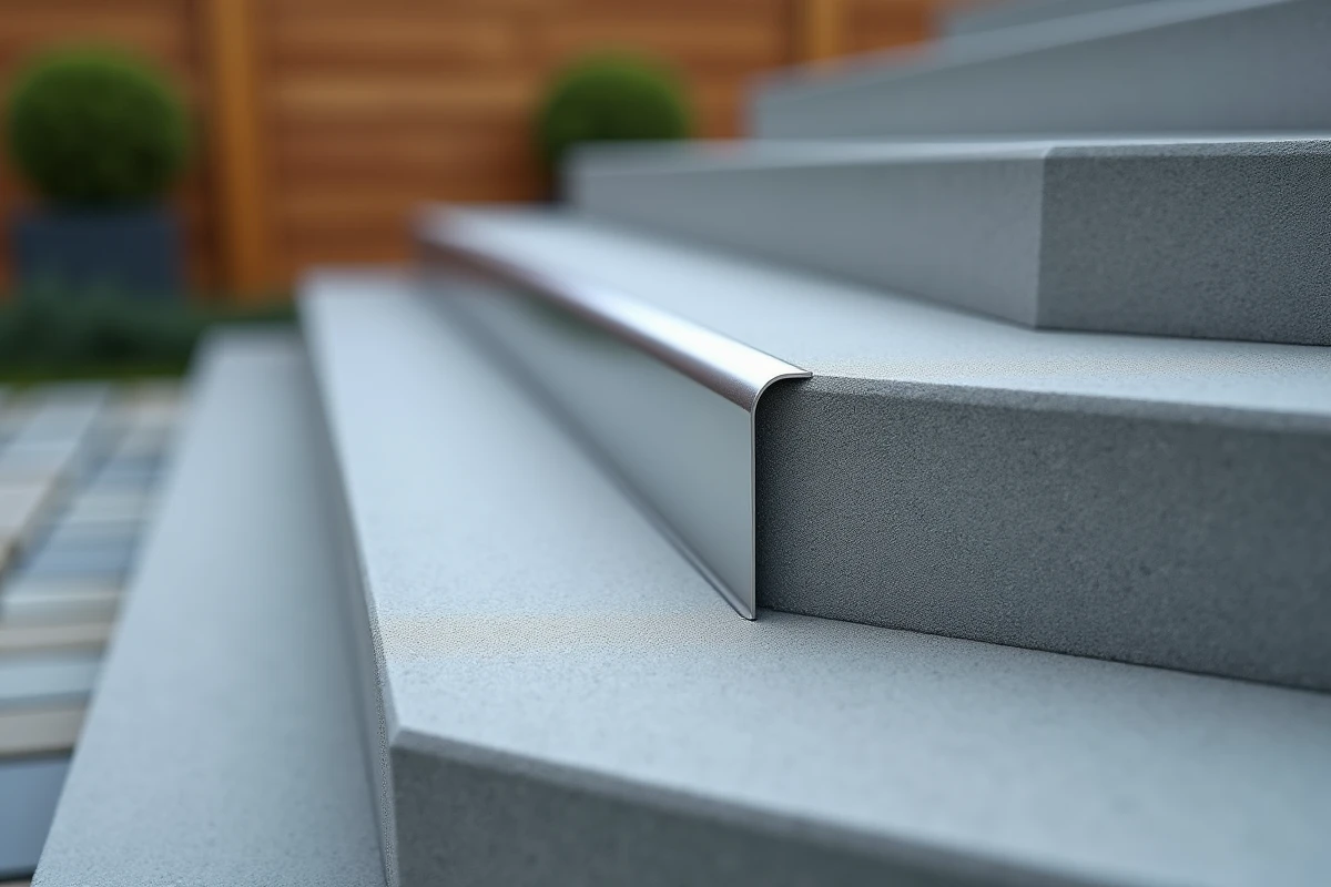 Cornière aluminium extérieure installée sur le nez d'une marche en béton, détail macro du profil anti-dérapant anodisé argenté