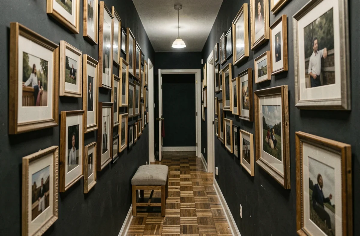 Couloir étroit aux murs sombres avec trop de cadres mal alignés illustrant les erreurs de décoration à éviter