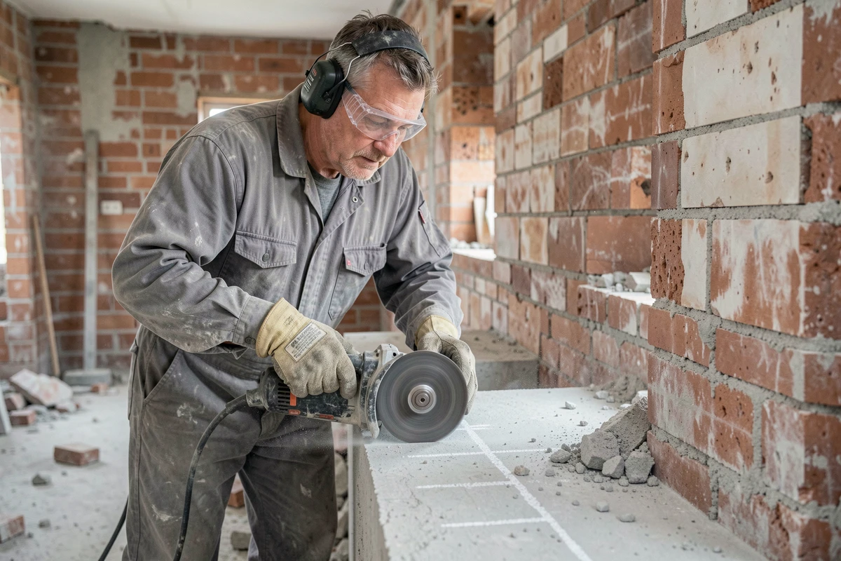 Ouvrier utilisant une meuleuse d'angle pour couper une dalle béton le long d'un mur en brique lors de travaux de rénovation intérieure
