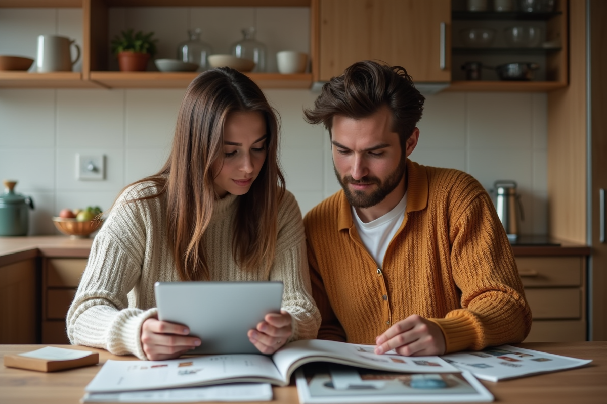 Jeune couple discutant autour d une table de cuisine à la maison