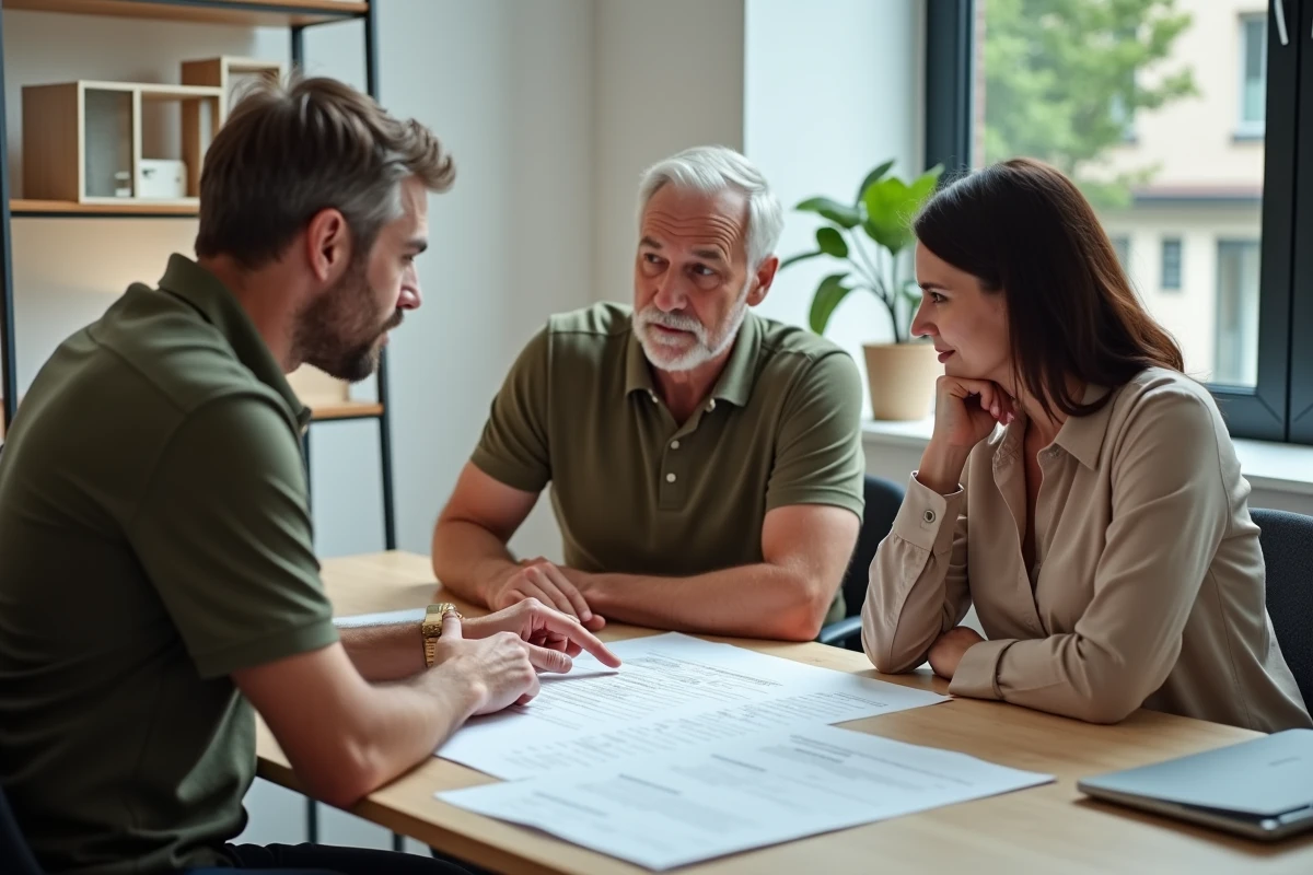 Couple consultant un conseiller en rénovation pour vérifier les points clés d'un devis travaux
