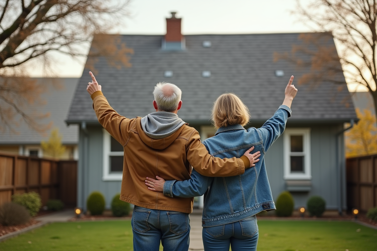 Couple regardant leur toit en bardeaux dans le jardin