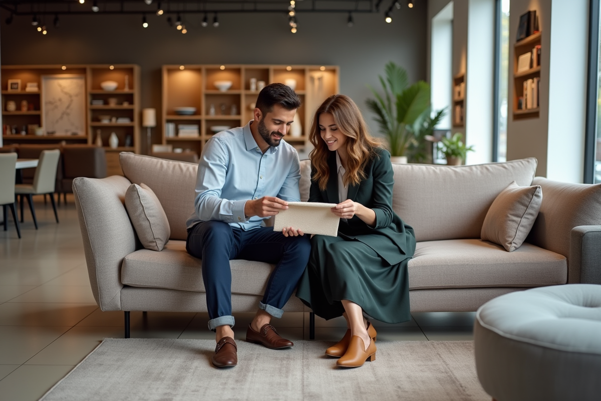 Jeune couple comparant des échantillons de tissu sur un sofa en showroom