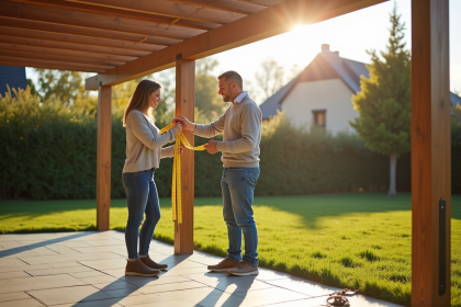 Couple en extérieur mesurant une pergola en bois dans un jardin ensoleille