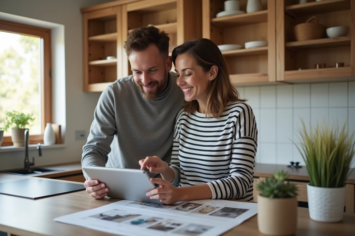Couple consultant un logiciel de plan 3D Leroy Merlin sur tablette avec des échantillons de matériaux en cuisine