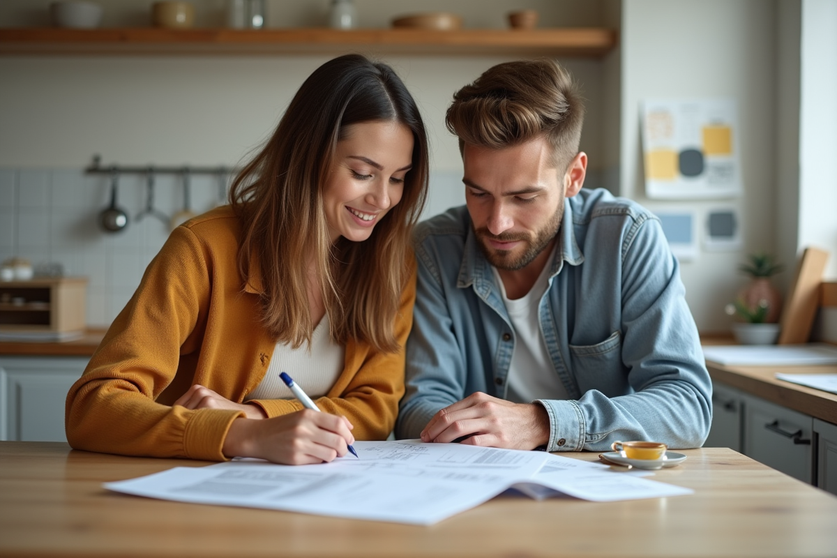 Jeune couple examine factures de renovation dans la cuisine