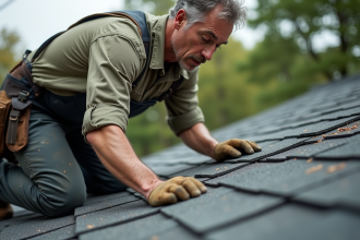 Couvreur inspectant un toit en bardeaux usés en extérieur
