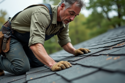 Couvreur inspectant un toit en bardeaux usés en extérieur