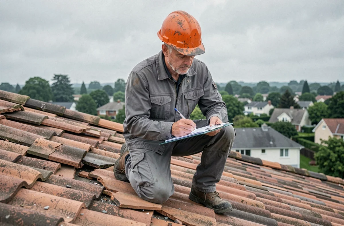 Artisan couvreur évaluant les dégâts sur une toiture en tuiles après un sinistre climatique en milieu résidentiel