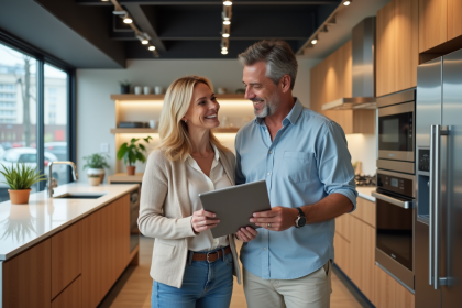 Couple dans un showroom de cuisine moderne en discussion