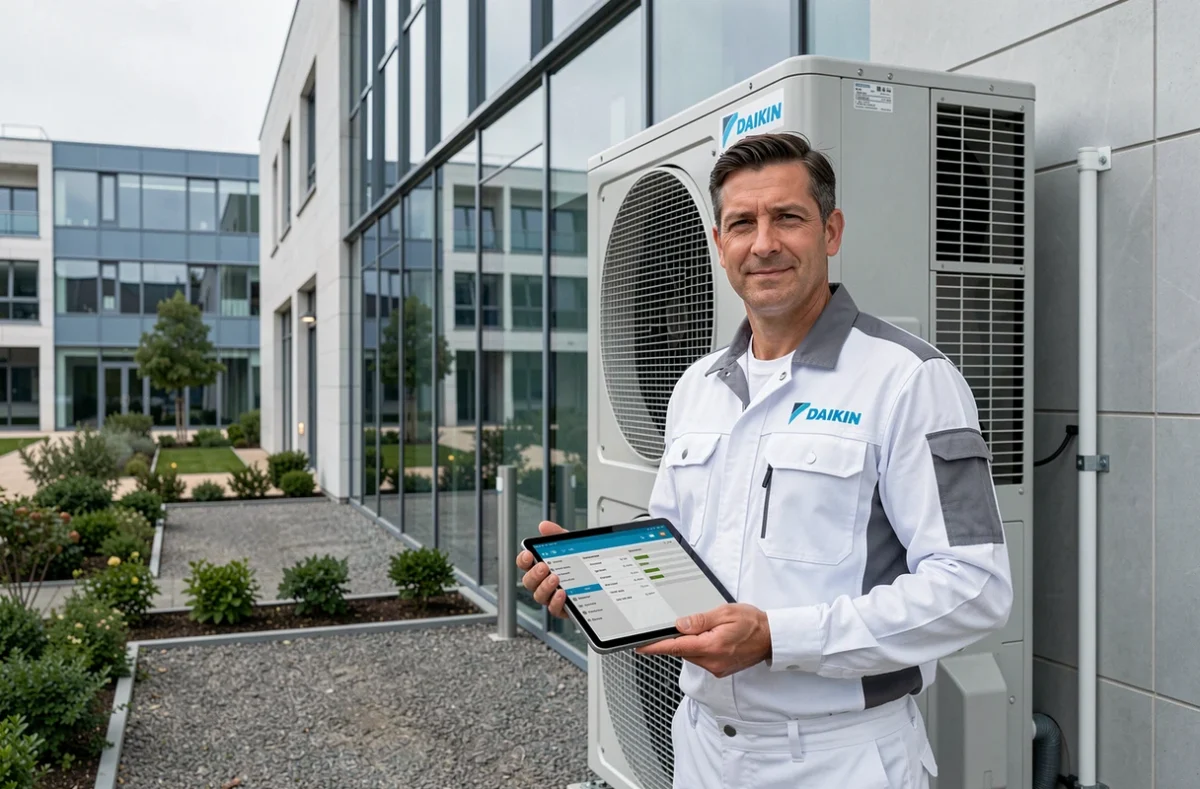 Spécialiste Daikin en uniforme de marque devant une unité de climatisation Daikin installée sur un bâtiment commercial à Villenave-d'Ornon